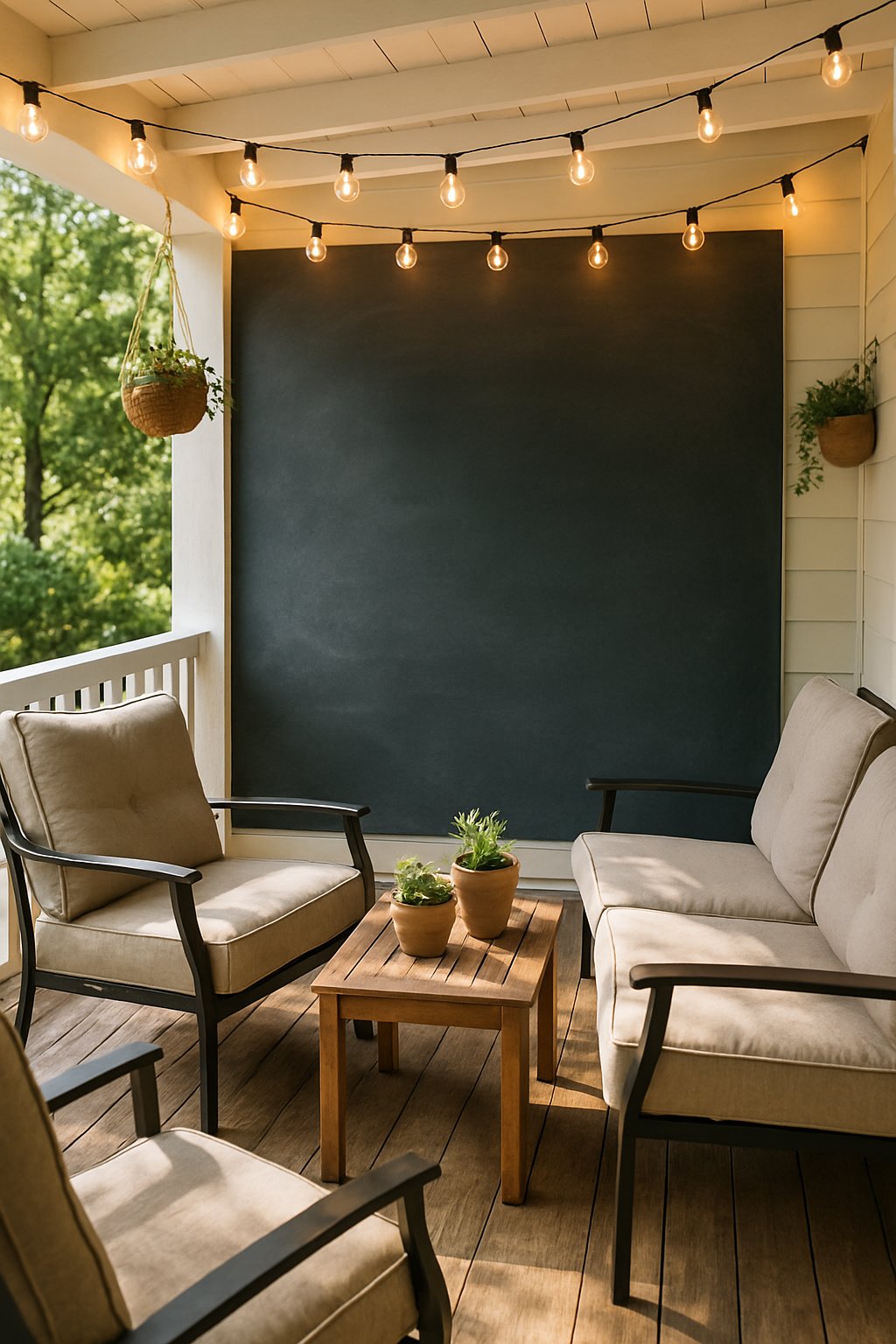 Outdoor back porch with a large blank chalkboard wall, seating area, plants, and string lights.