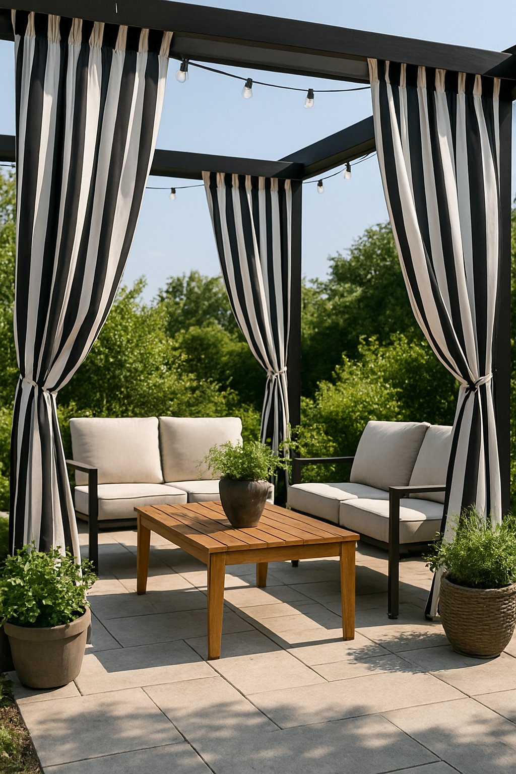 Outdoor patio with black and white striped curtains framing a seating area surrounded by plants and greenery.