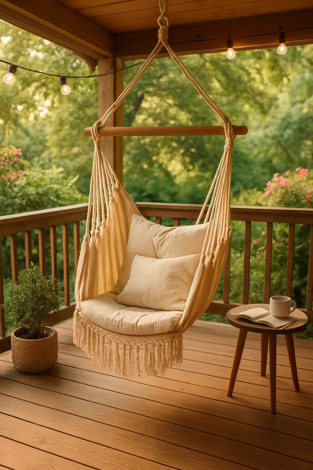 A hammock chair hanging on a wooden back porch surrounded by plants and soft sunlight.