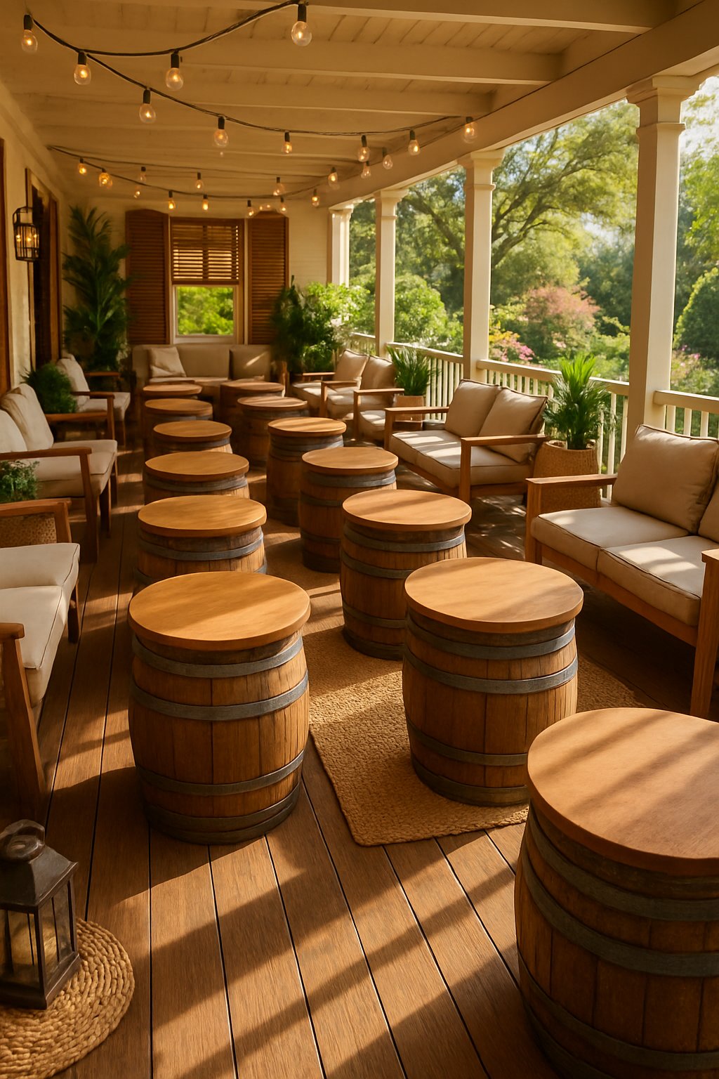 Back porch with multiple wine barrel tables, outdoor seating, plants, and garden view.