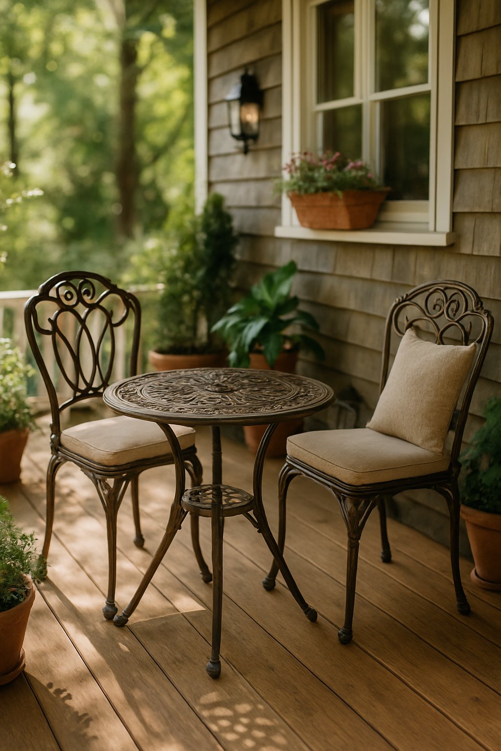 A small metal table with two matching chairs on a wooden back porch surrounded by plants and sunlight.