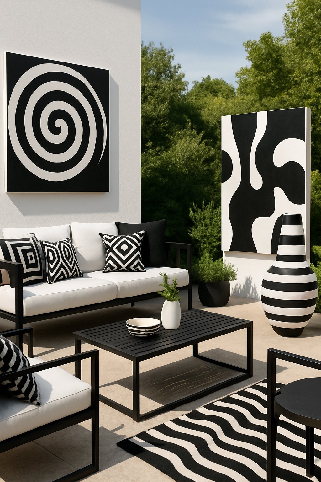 An outdoor patio with black metal furniture, black and white cushions, and abstract black and white art surrounded by greenery.