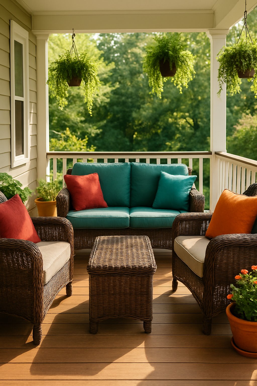 A back porch with wicker furniture and colorful cushions surrounded by plants and natural light.