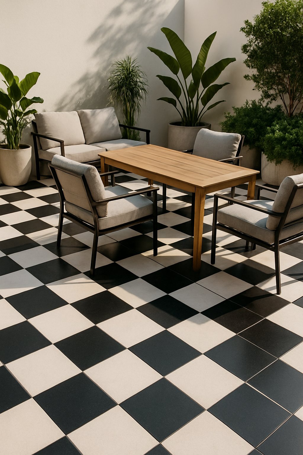 Outdoor patio with black and white checkerboard tiled floor, modern furniture, and green plants.