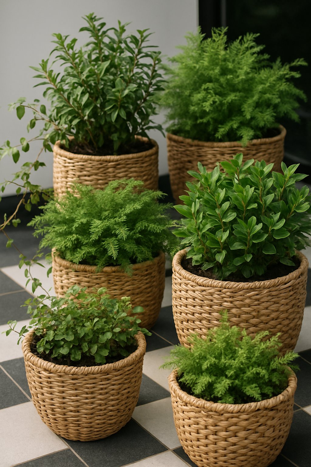 Woven baskets filled with green plants arranged on a black and white patio surface.