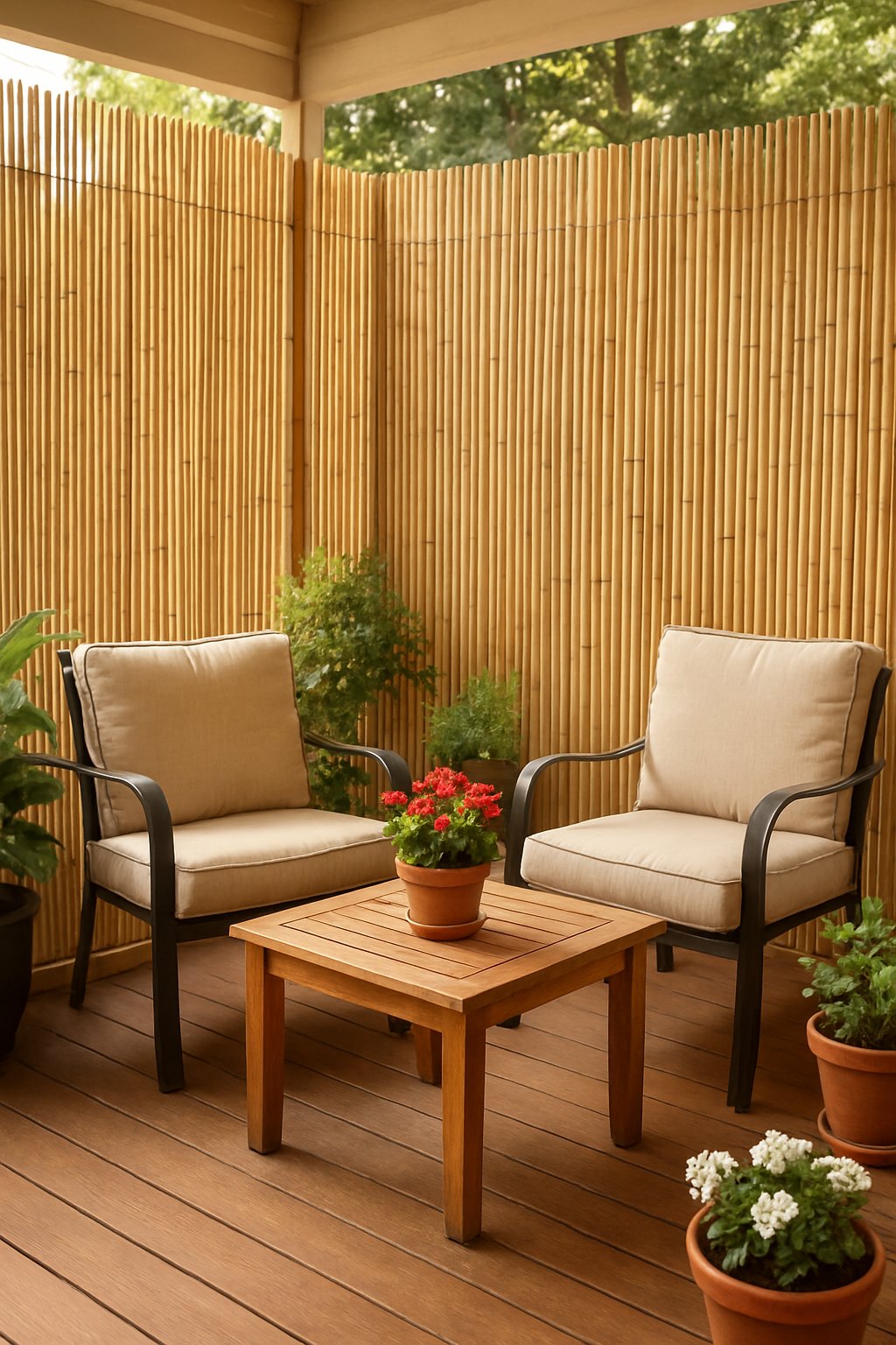 A back porch with bamboo privacy screens, outdoor seating, and plants creating a peaceful and private outdoor space.