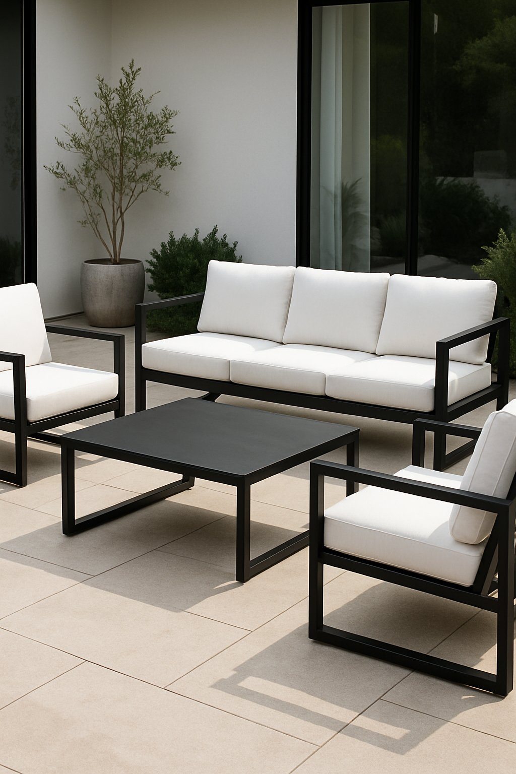 Outdoor patio with black frame furniture and white cushions arranged around a coffee table on a stone tiled floor with plants in the background.