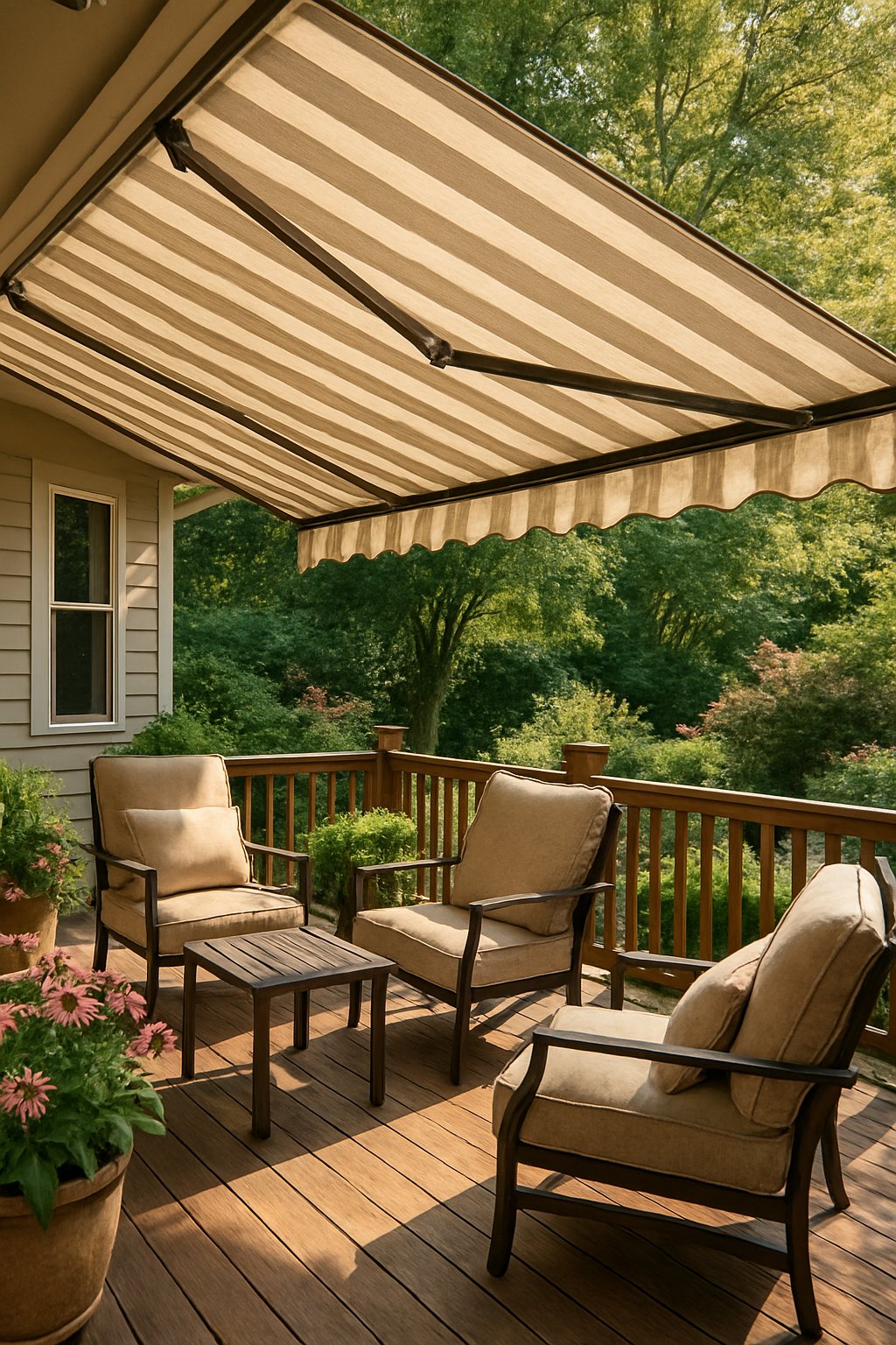 A back porch with a retractable canvas awning extended, outdoor furniture, and plants.
