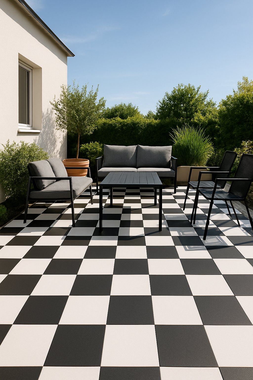 Outdoor patio with a black and white checkerboard floor and modern furniture surrounded by plants.