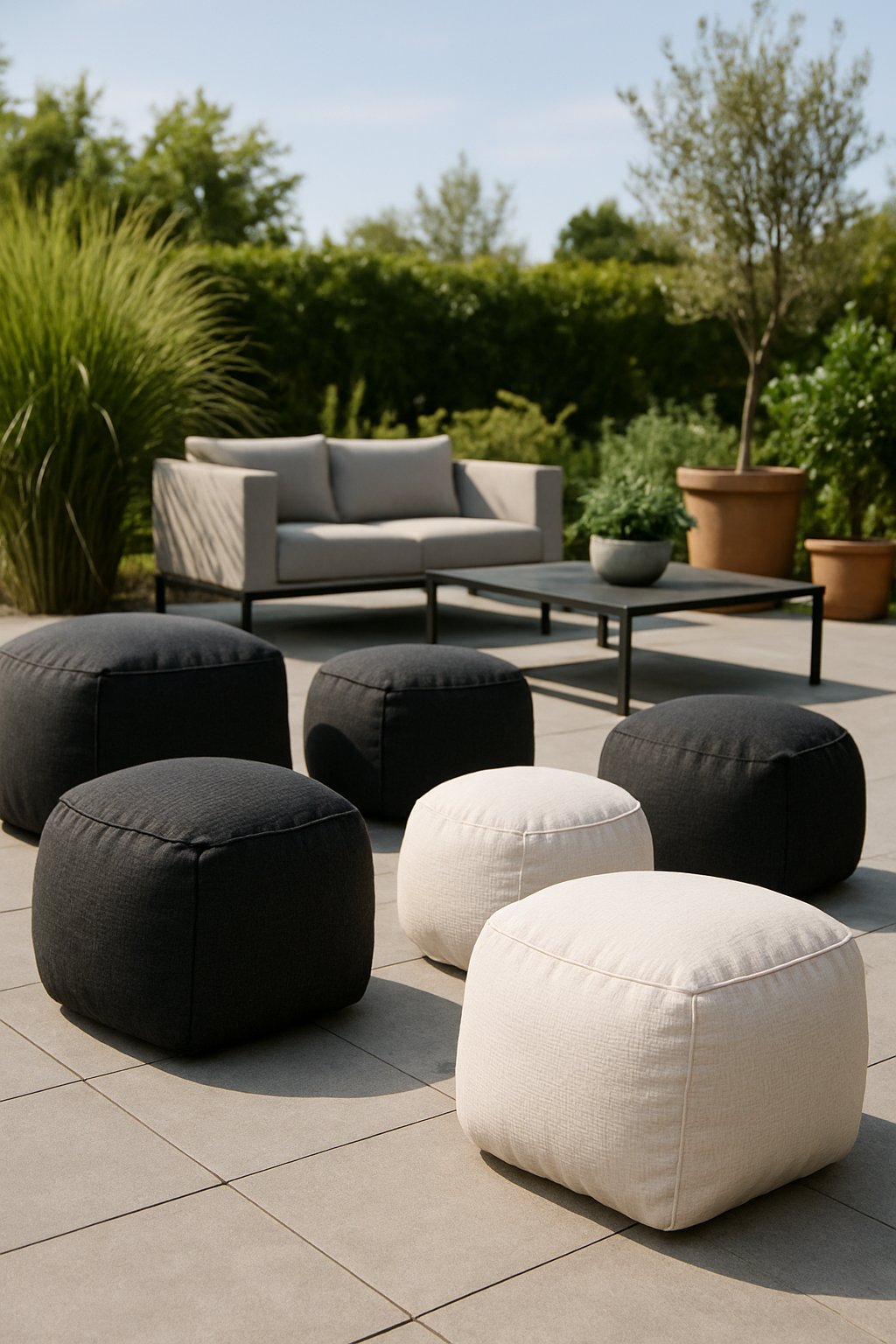 Outdoor patio with black and white soft poufs arranged on a deck surrounded by plants.