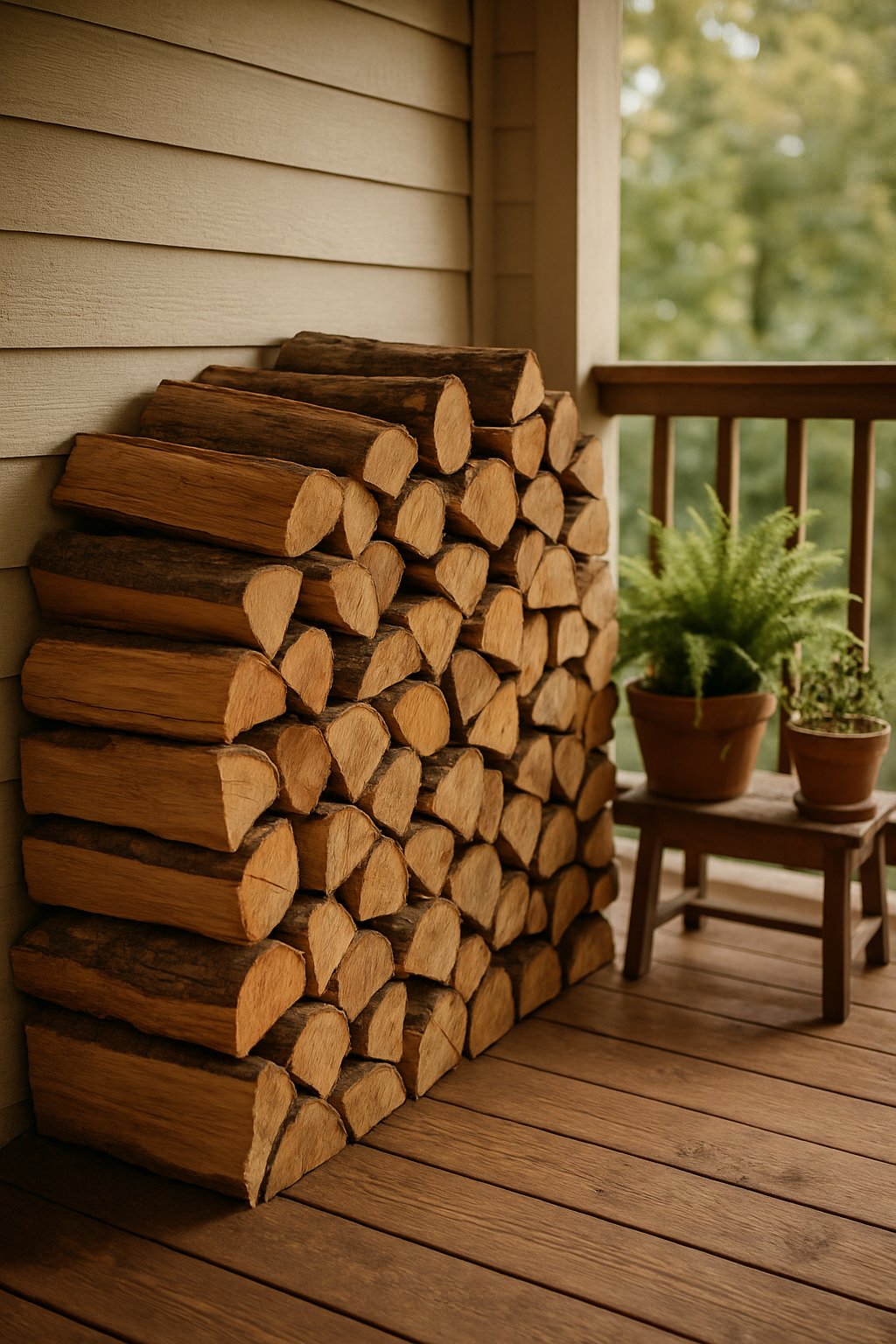 A neatly stacked pile of firewood in the corner of a back porch with wooden flooring and plants.