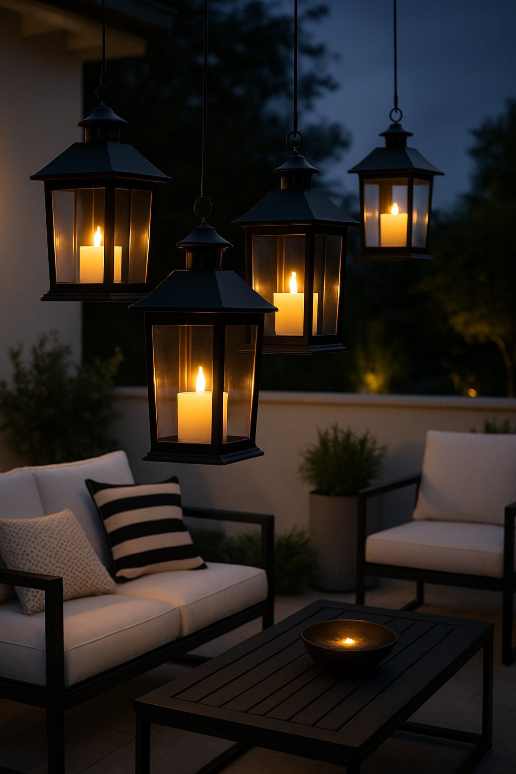 Outdoor patio at dusk with hanging lanterns emitting flickering LED lights and black and white furniture.