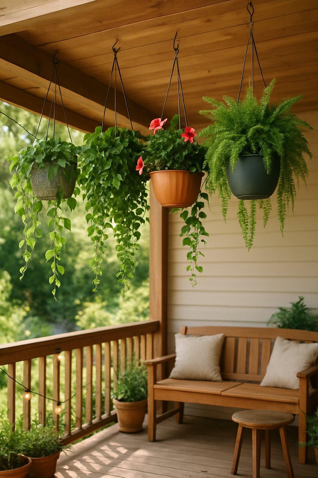 A back porch with various hanging plants cascading down, surrounded by outdoor furniture and garden greenery.