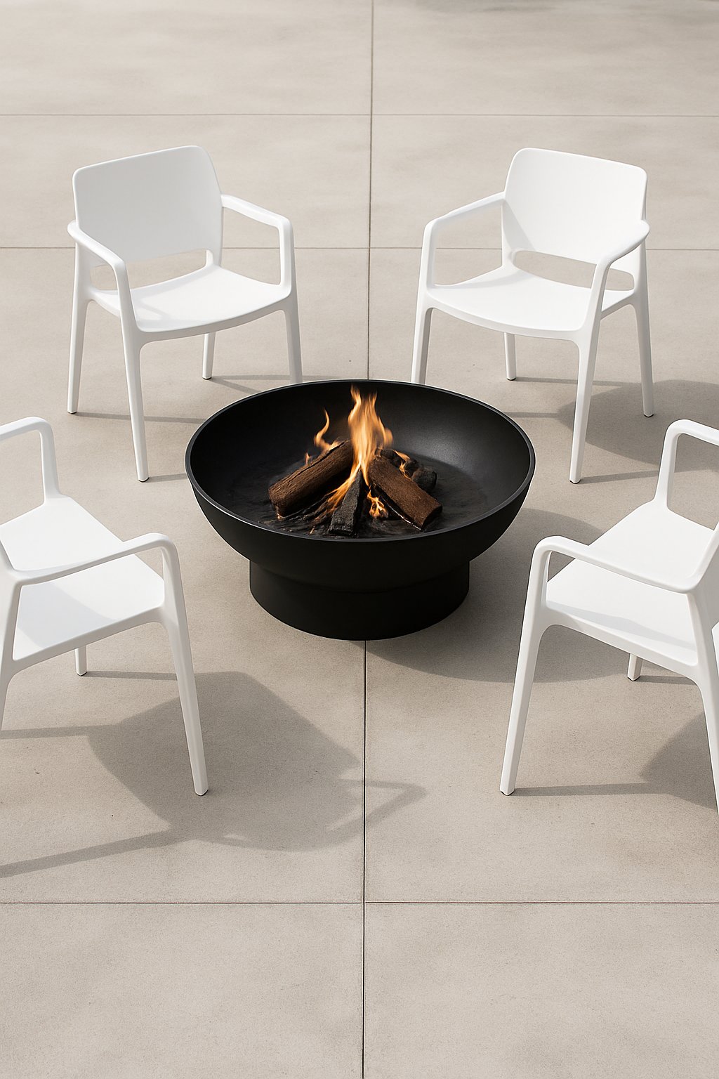 A black fire pit surrounded by white chairs arranged in a circle on a patio.