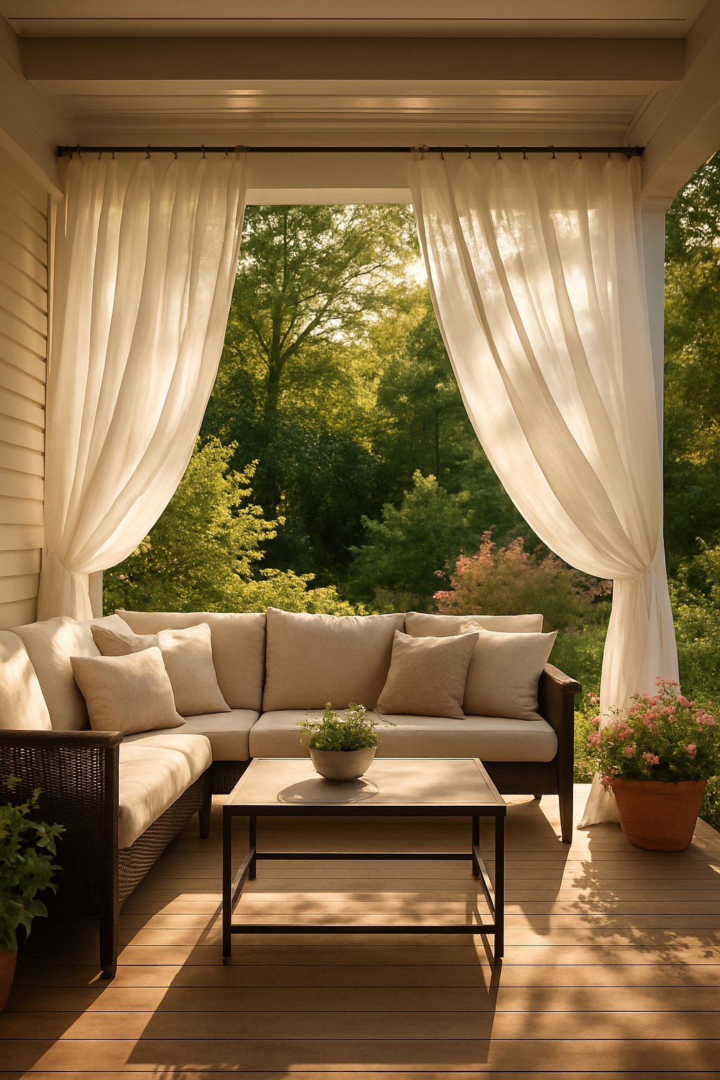 A back porch with flowing outdoor curtains framing a comfortable seating area surrounded by plants.