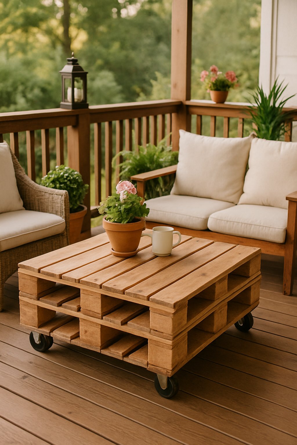 A back porch with a DIY wooden pallet coffee table surrounded by chairs and plants.