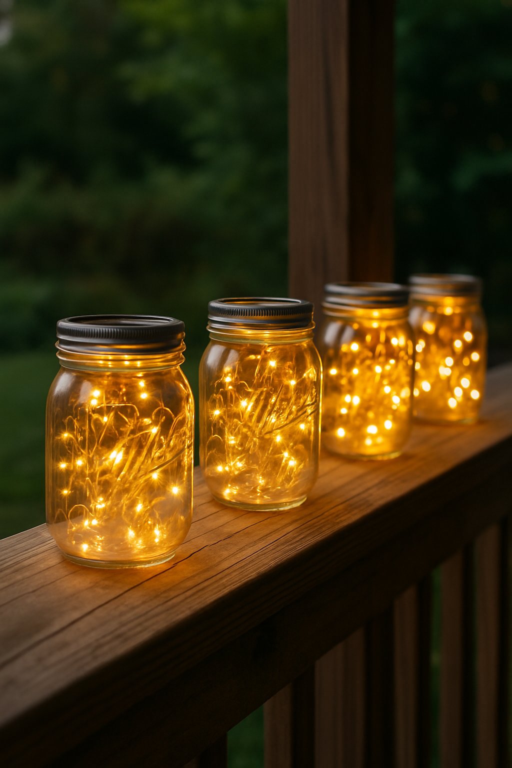 Mason jars filled with glowing string fairy lights arranged on a wooden back porch railing with greenery in the background.