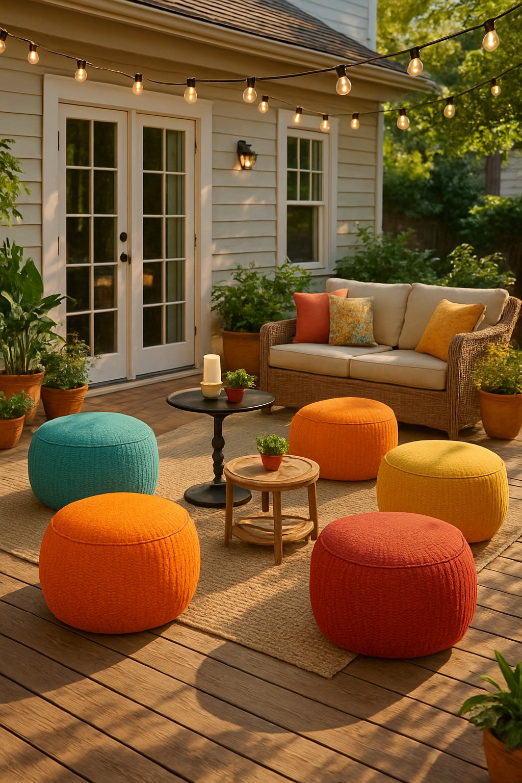 A back porch with colorful poufs arranged around a seating area surrounded by plants and outdoor decor.