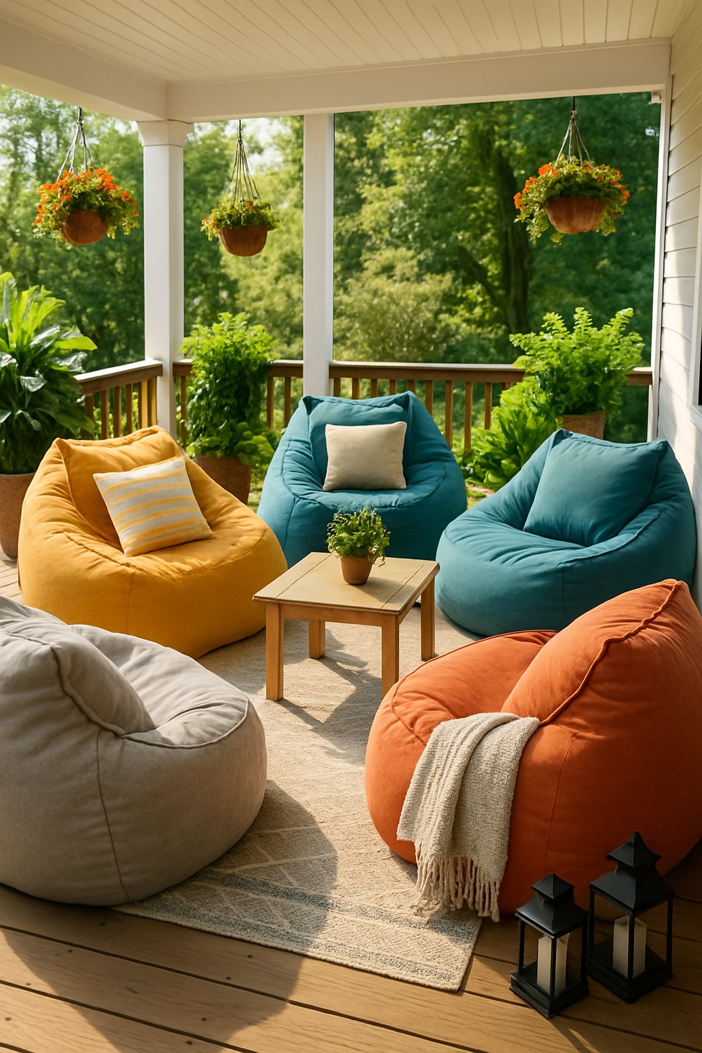 A back porch with several weatherproof bean bag chairs arranged around a small table, surrounded by plants and outdoor decor.