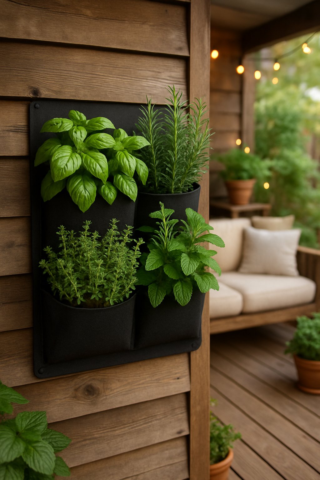 A mini herb garden wall planter filled with fresh green herbs on a back porch with wooden decking and outdoor decorations.