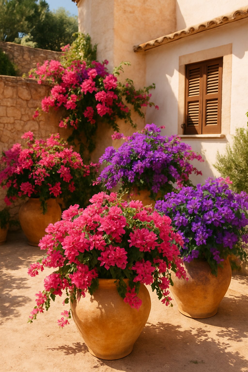Terracotta pots filled with cascading pink and purple bougainvillea flowers in a sunny Mediterranean backyard with stone walls and greenery.