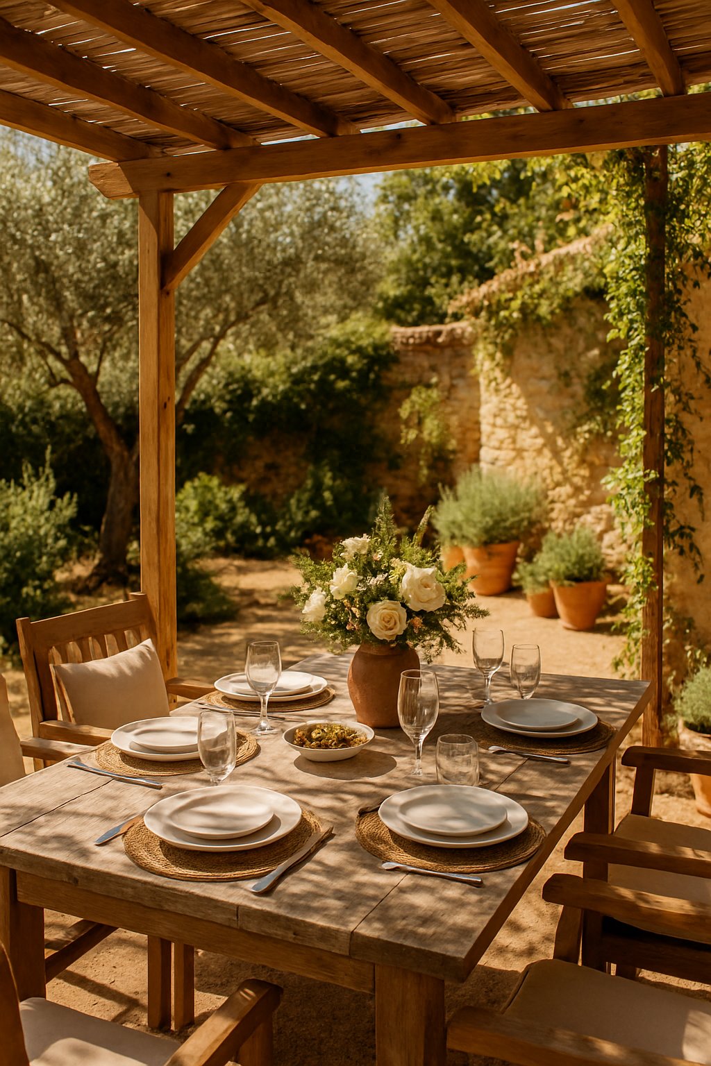 A shaded outdoor dining area with a wooden pergola, a set dining table, and surrounding Mediterranean plants.