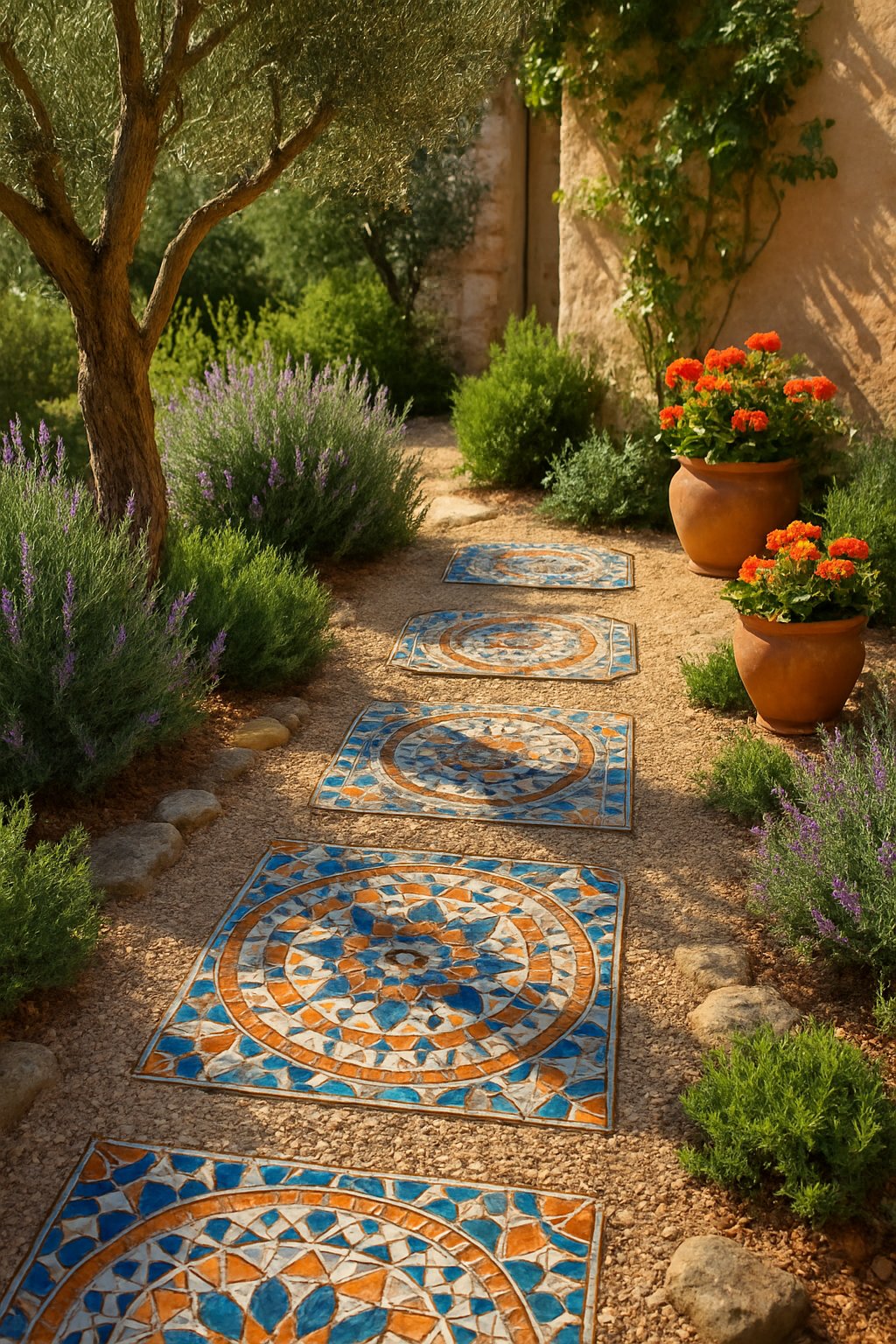 A backyard pathway with colorful mosaic tile stepping stones surrounded by plants and flowers.