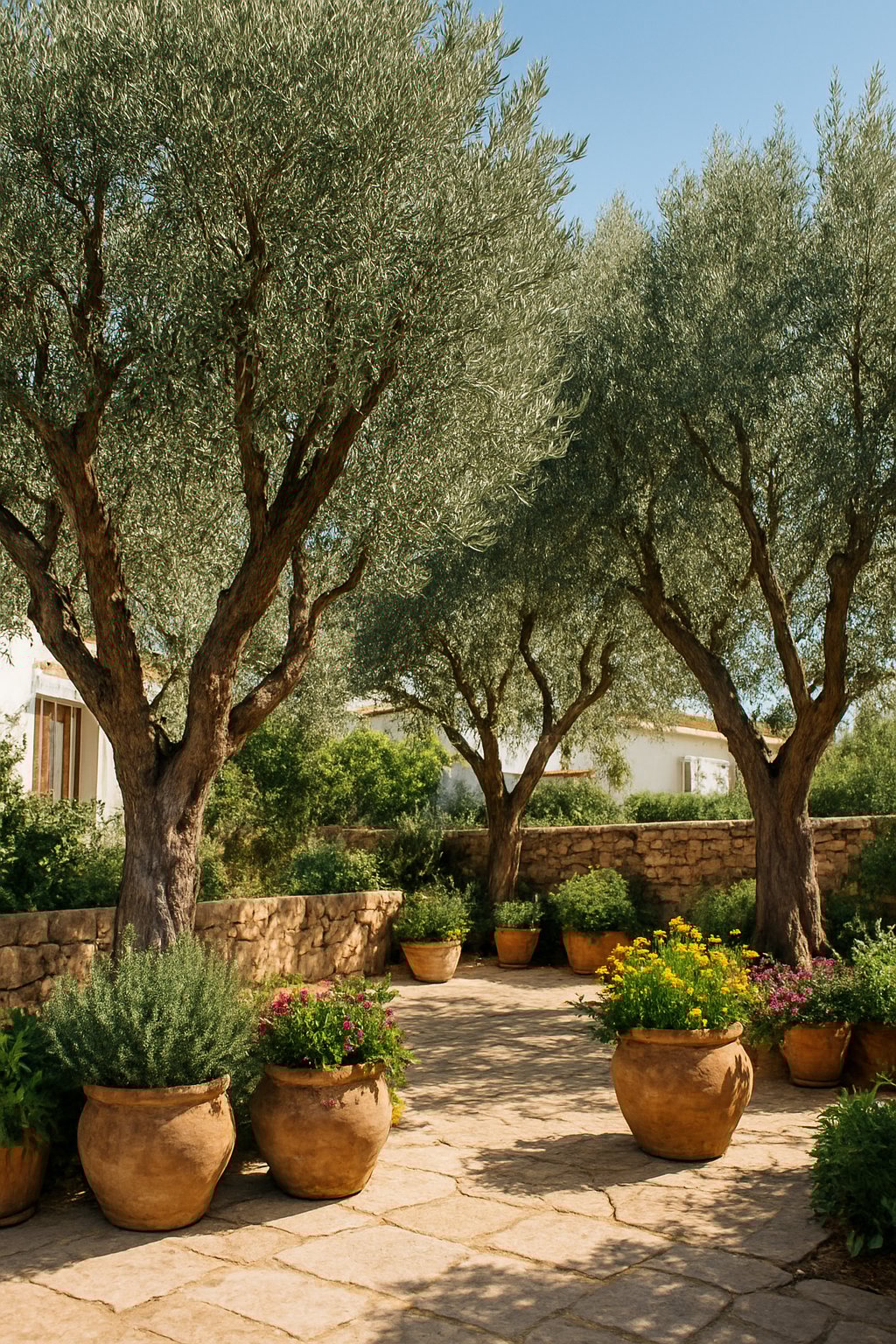 A sunny Mediterranean backyard with olive trees, stone patio, potted plants, and whitewashed walls.