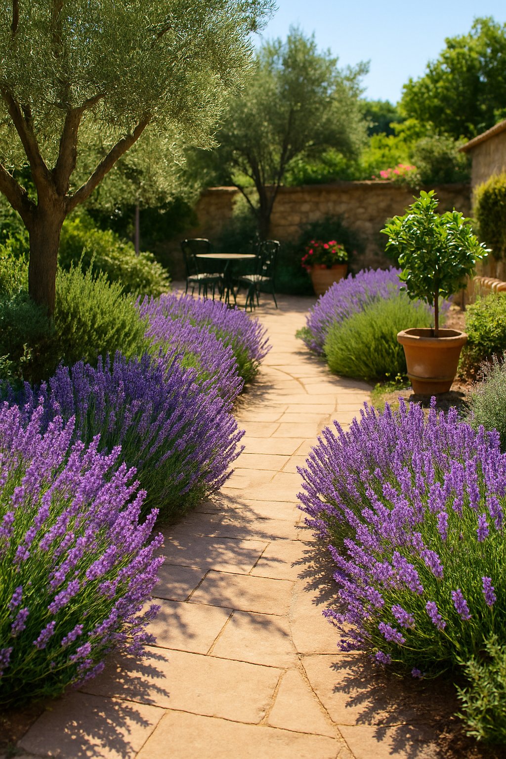 A Mediterranean backyard with stone pathways lined by blooming lavender bushes and various green plants.