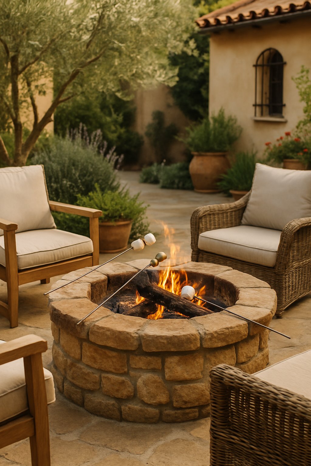 A rustic stone fire pit in a Mediterranean backyard with marshmallows and olives roasting over the fire, surrounded by greenery and outdoor seating.