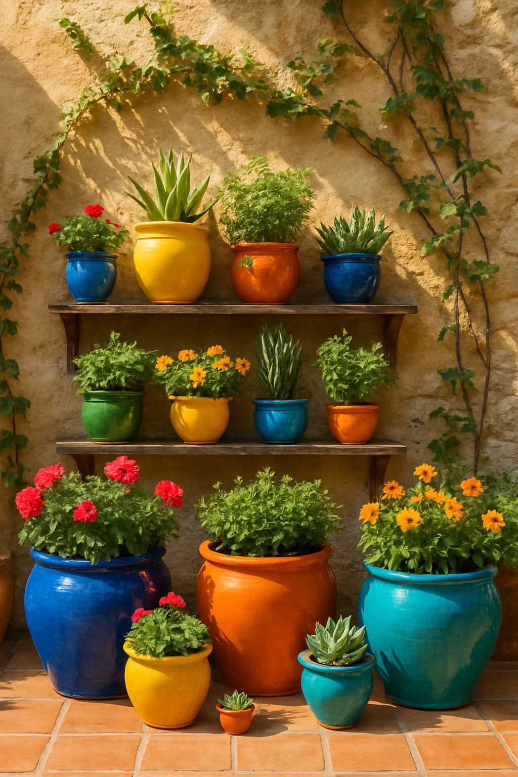 A Mediterranean backyard with colorful ceramic planters filled with green plants and flowers arranged on terracotta tiles and wooden shelves against stone walls.
