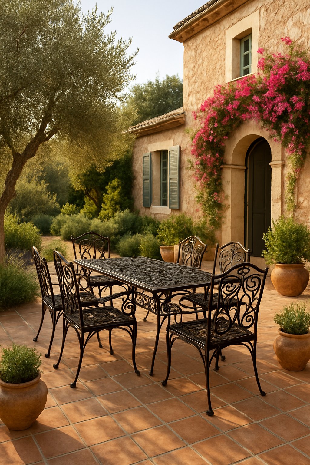 A Mediterranean backyard with wrought iron dining furniture on a terracotta patio surrounded by greenery and flowering plants.