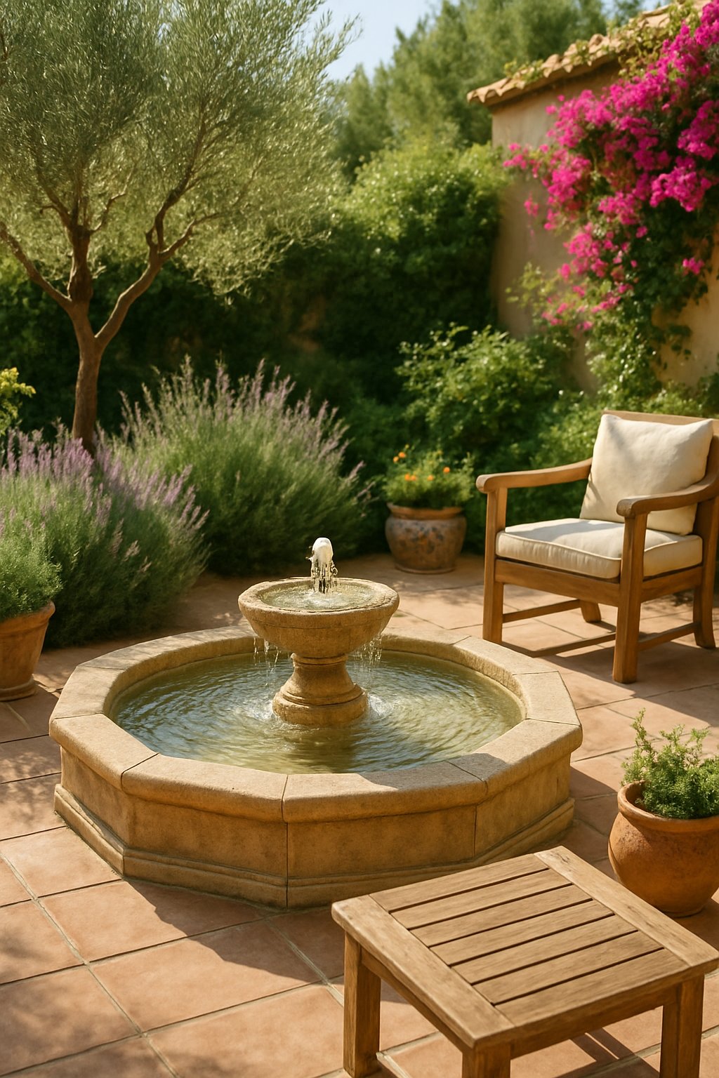 A bubbling stone fountain surrounded by Mediterranean plants and rustic outdoor furniture in a backyard.