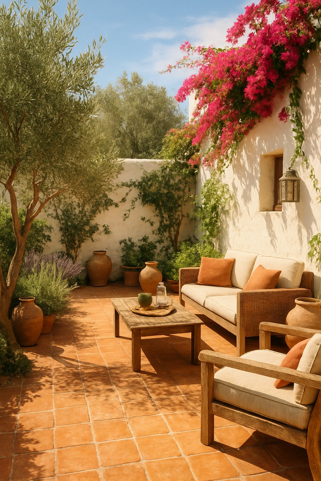 A sunlit backyard with terracotta tile flooring, green plants, outdoor seating, and white walls with climbing vines.