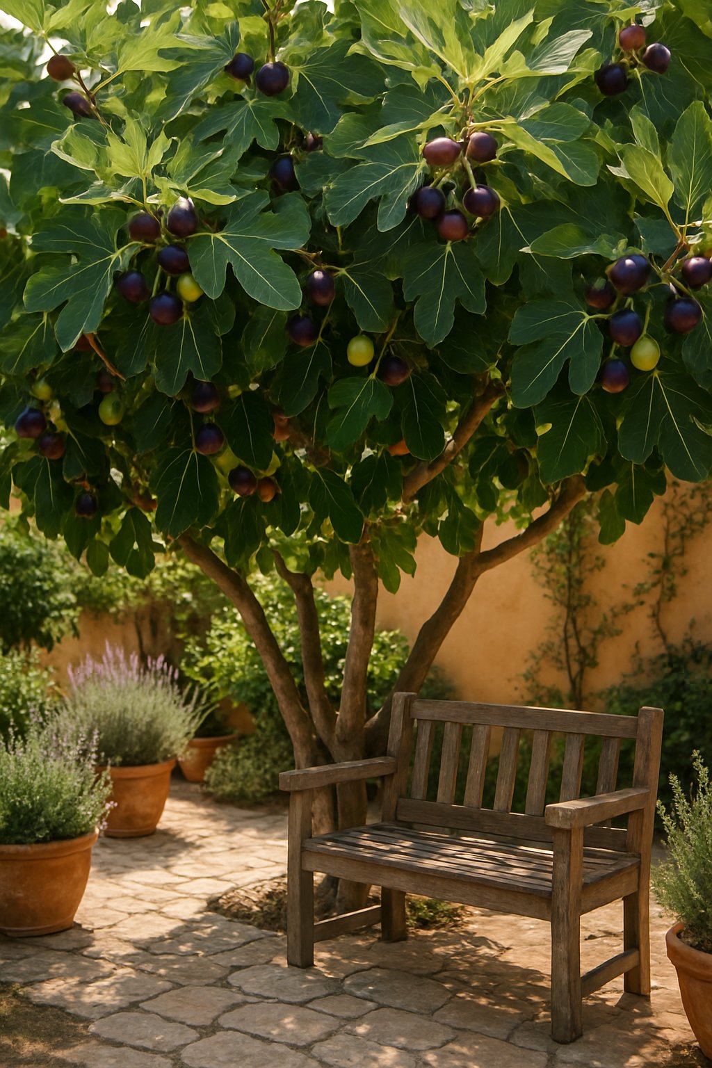 A Mediterranean backyard with clustered fig trees bearing ripe fruit, shaded seating, stone pathways, and surrounding plants.
