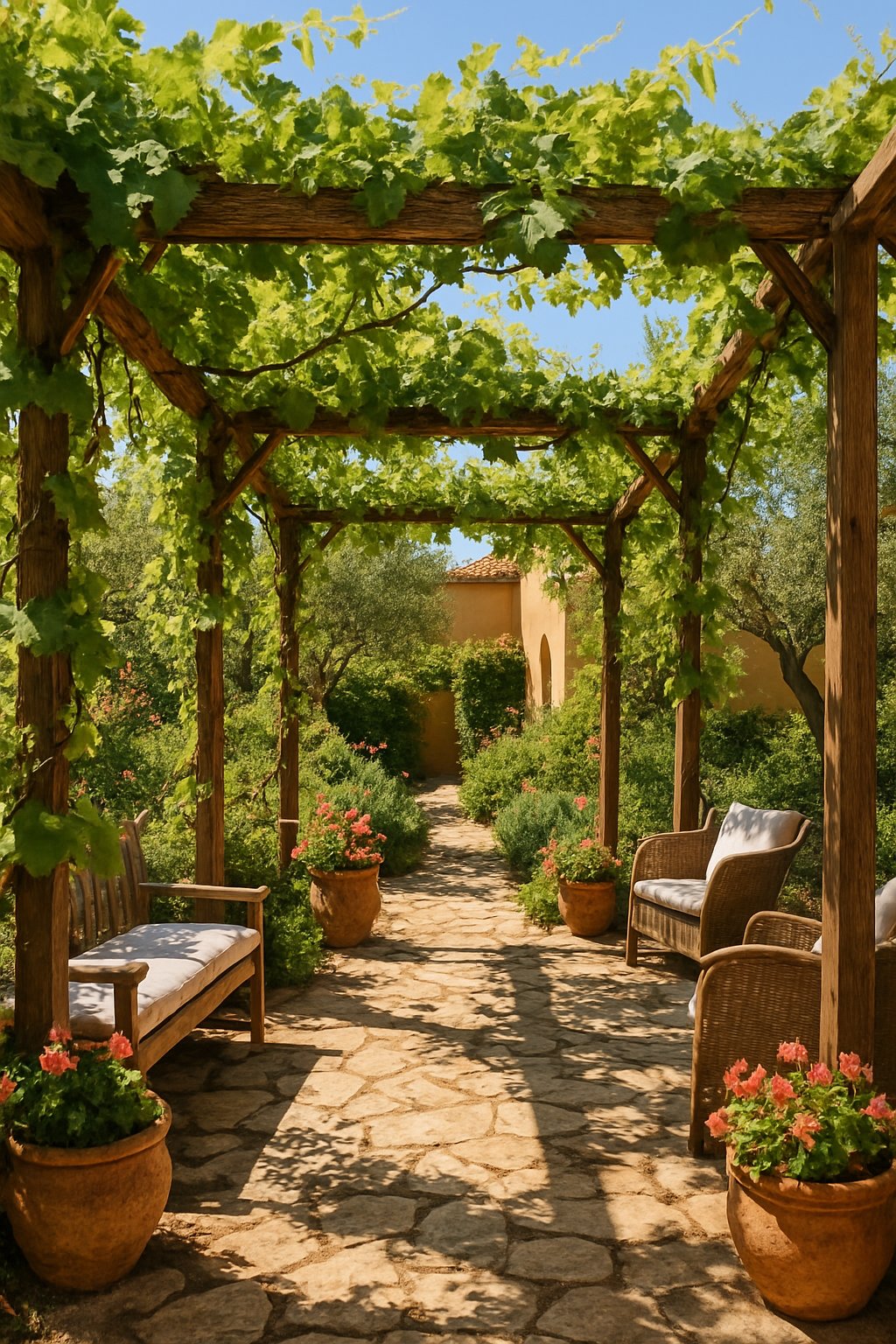A backyard with wooden trellises covered in green vines, stone pathways, potted flowers, and outdoor seating surrounded by Mediterranean plants.