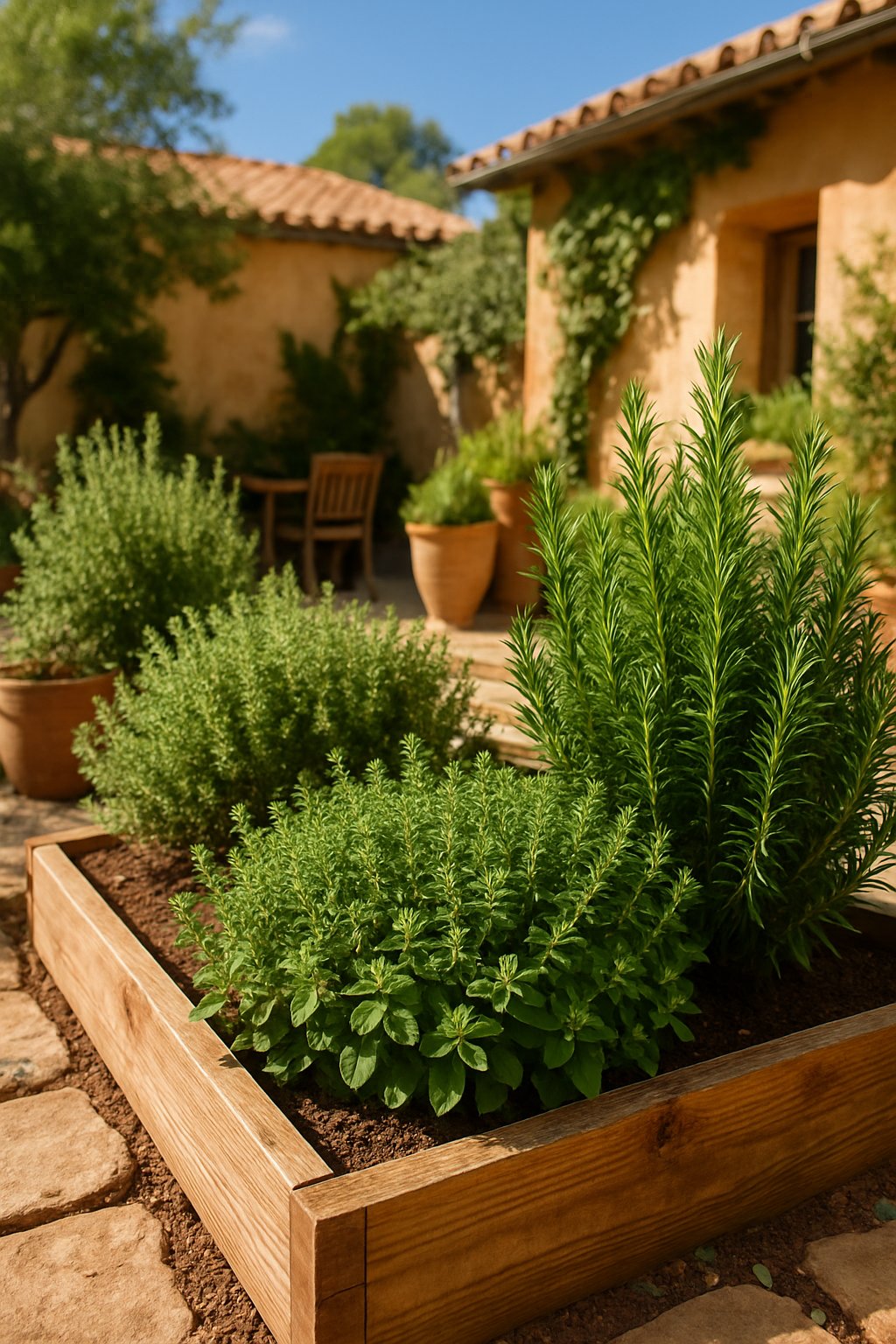 A backyard herb garden with rosemary, thyme, and oregano plants growing in raised beds and pots under sunlight.