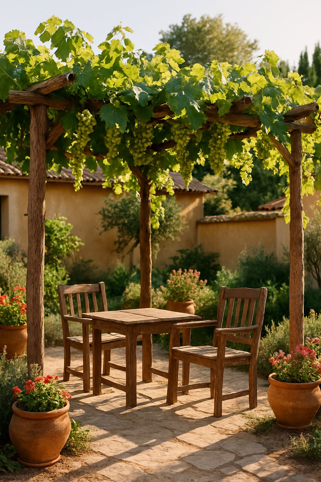 A backyard with a wooden grapevine arbor, green grape leaves and clusters of grapes, wooden chairs and a table underneath, surrounded by potted plants and stone pathways.