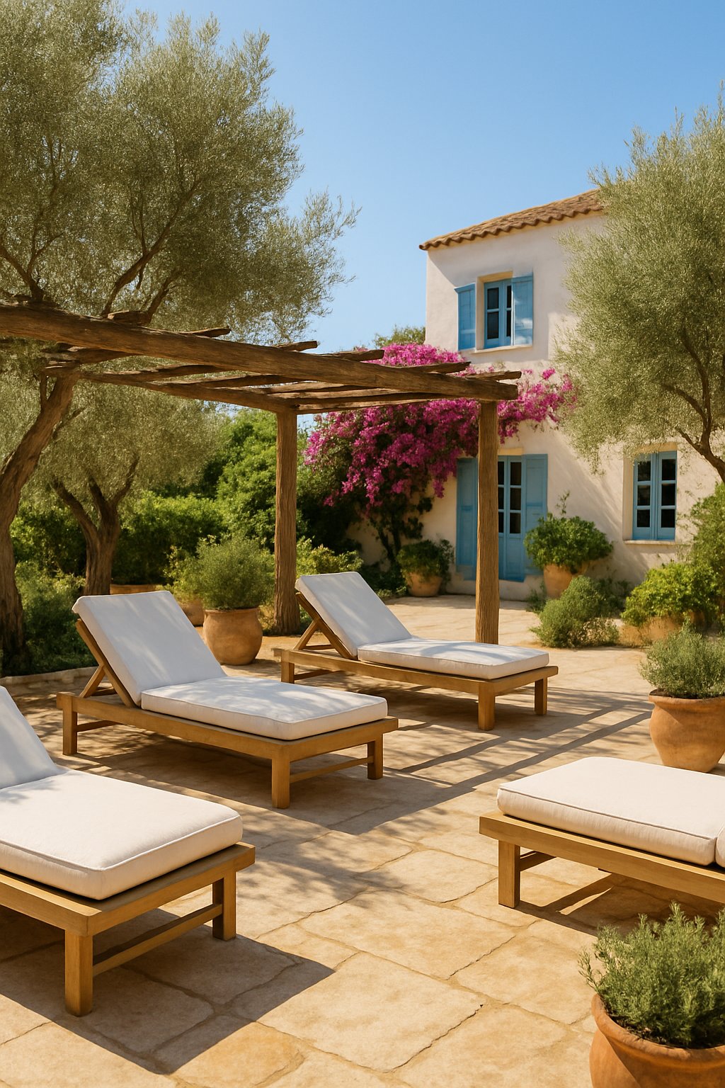A sunny Mediterranean backyard with loungers surrounded by greenery and flowers, featuring a stone floor and a white villa in the background.