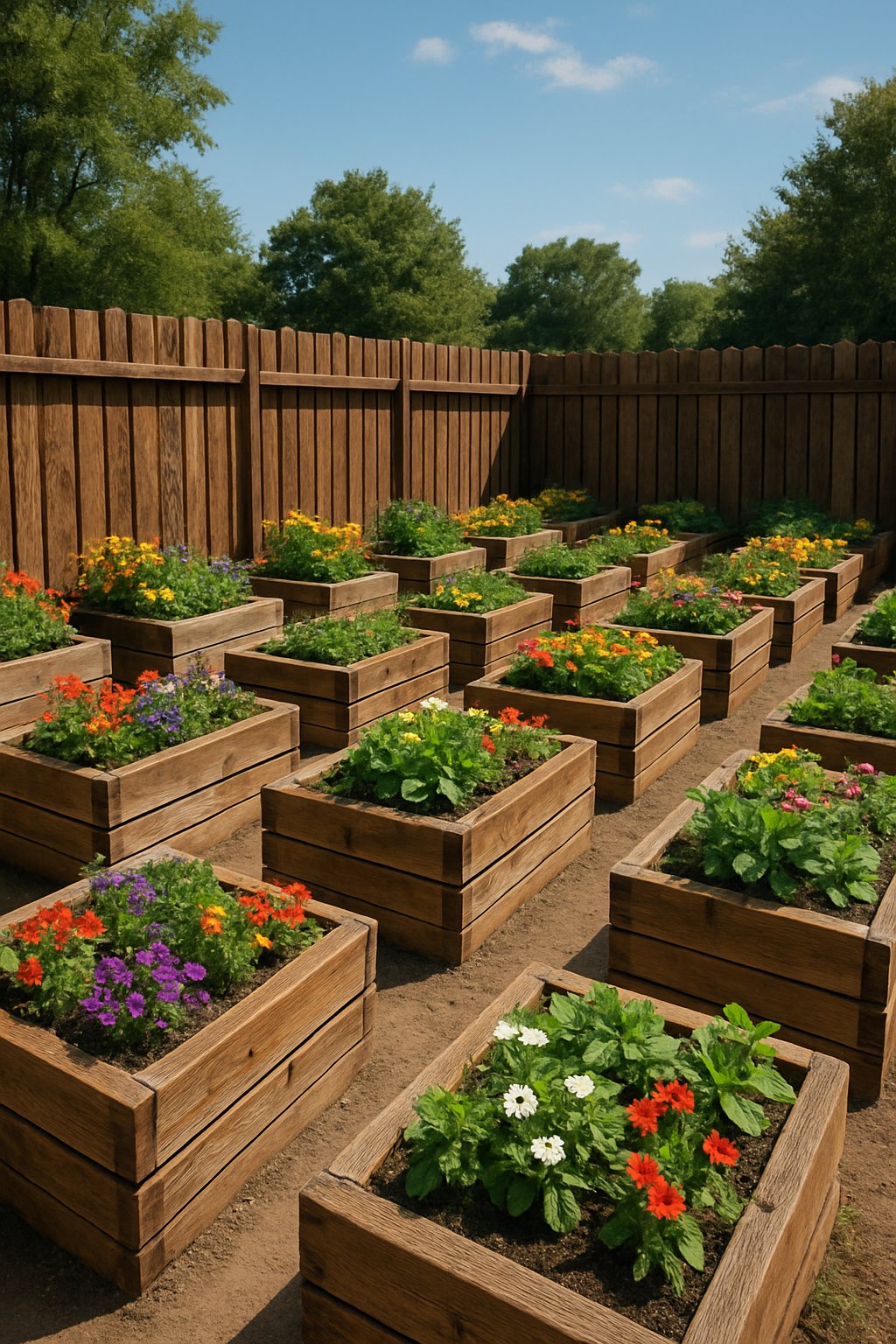 A garden with 24 wooden raised flower beds filled with colorful plants arranged along a wooden fence.