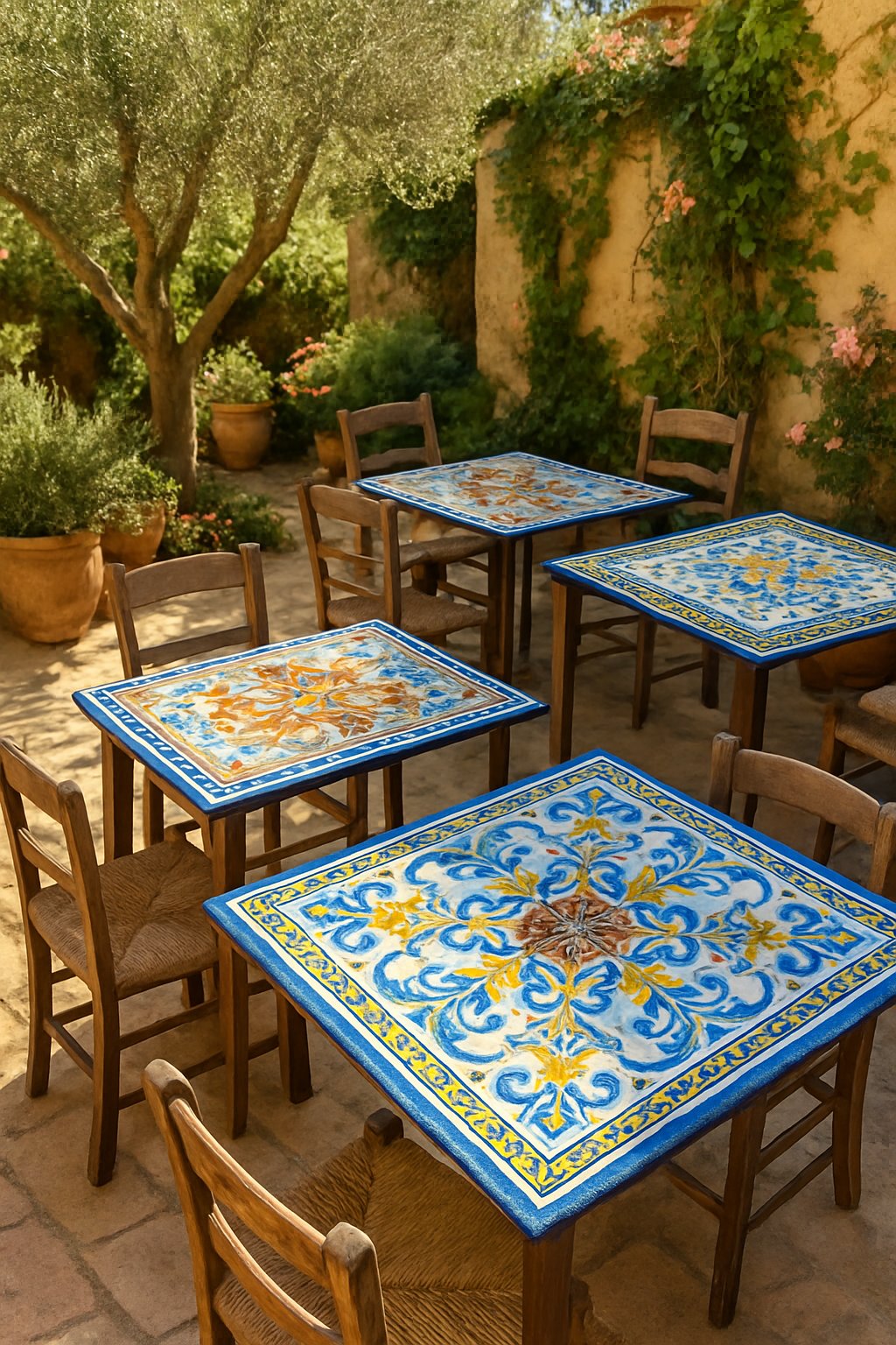 A Mediterranean backyard with colorful hand-painted tile tabletops surrounded by wooden chairs and lush plants under natural sunlight.