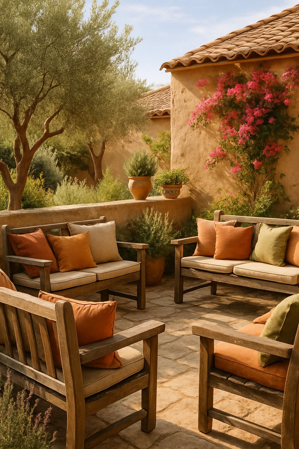 A backyard with rustic wooden benches and comfortable cushions surrounded by Mediterranean plants and stone patio.