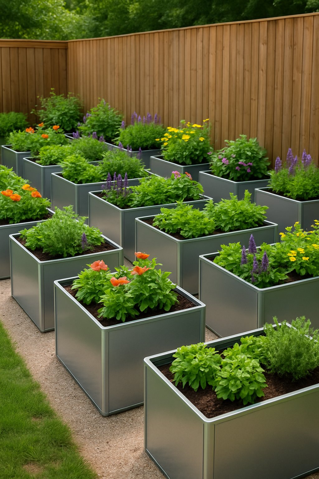 Outdoor garden with 24 sleek metal raised flower beds arranged along a wooden fence, filled with green plants and colorful flowers.