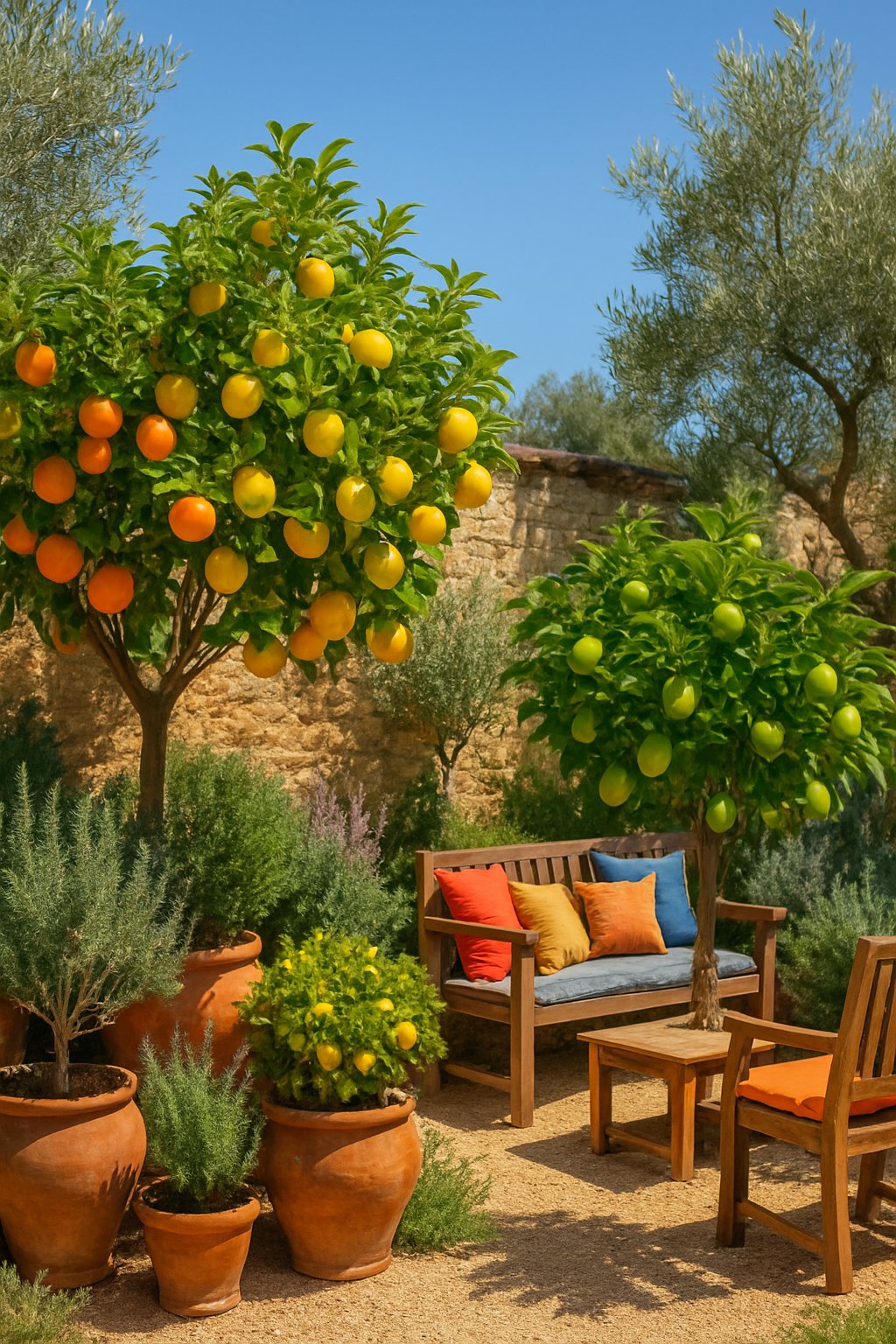 A sunny backyard garden with citrus trees bearing oranges, lemons, and limes, surrounded by stone walls, potted plants, and outdoor seating.