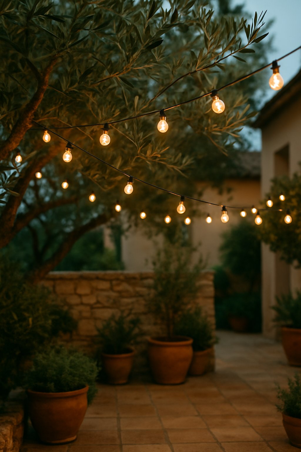 Olive tree branches decorated with warm fairy lights in a Mediterranean backyard at dusk.