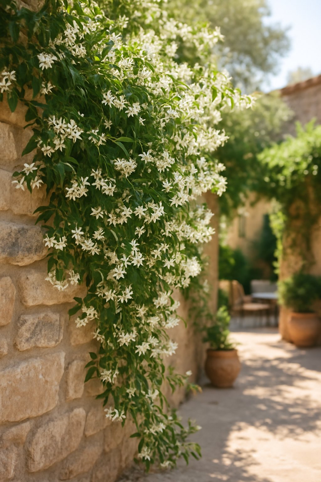 Stone walls covered with climbing jasmine plants in a Mediterranean backyard setting.