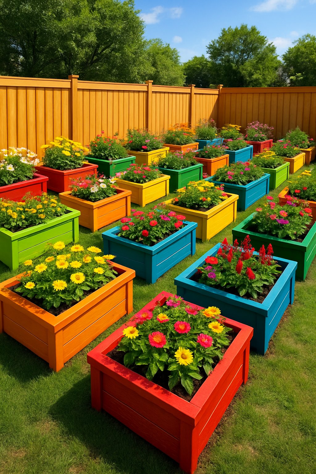 A backyard garden with 24 colorful raised wooden flower beds arranged along a matching painted wooden fence, filled with blooming flowers and greenery.