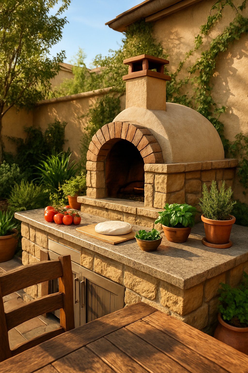 An outdoor kitchen with a stone pizza oven in a Mediterranean backyard surrounded by plants and rustic furniture.