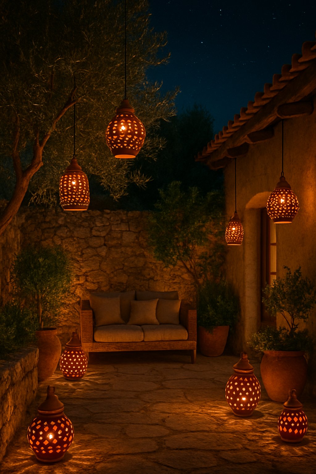 A nighttime Mediterranean backyard illuminated by colorful terracotta lanterns with plants and outdoor seating.