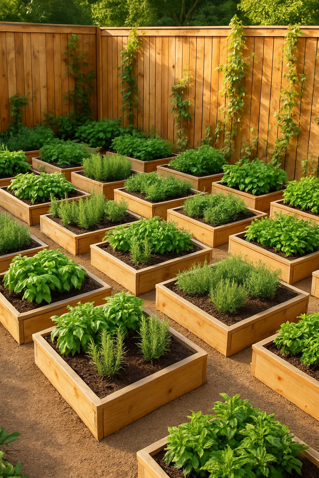 A backyard with 24 raised herb garden beds arranged along a wooden fence, filled with various fresh green herbs.